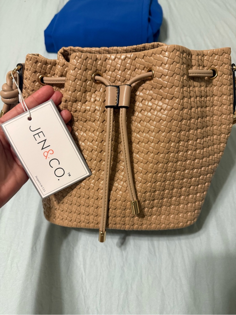 Tan Woven Drawstring Shoulder Bag
